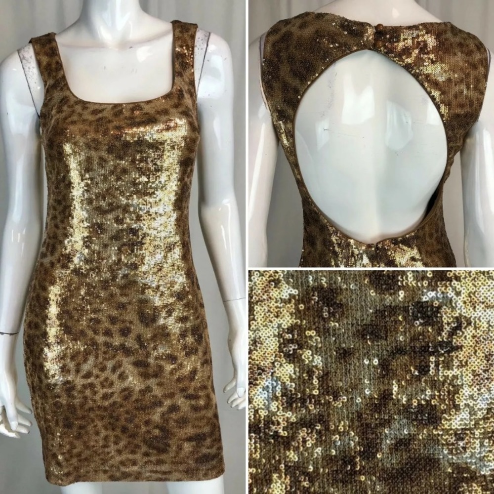 Cache Sequin Open Back Cheetah Mini Sheath Dress